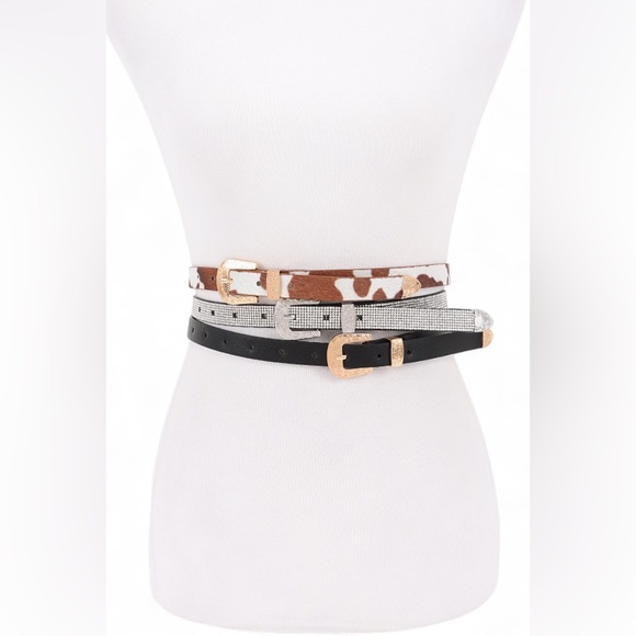 3 PC Vegan Suede Skinny Statement Belt Set - Black, Cow Print, Rhinestone - Picture 1 of 3